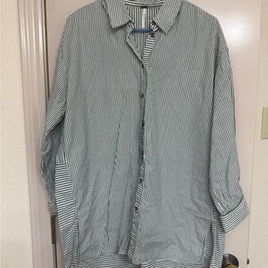 Free People Green and White Striped Button-Down Shirt